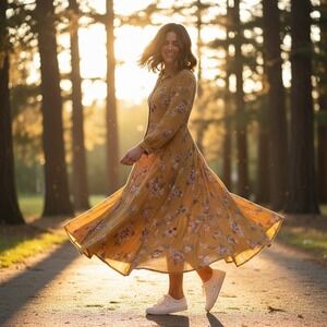 Jaded Gypsy Wild Flower Meadow Duster Maxi 100% Cotton‎ Mustard Yellow Size S/M